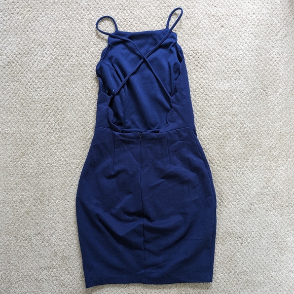 Lulu's Lush Brand Blue Scallop Bodycon Mini Dress High Neck with Strappy Back - Picture 4 of 5